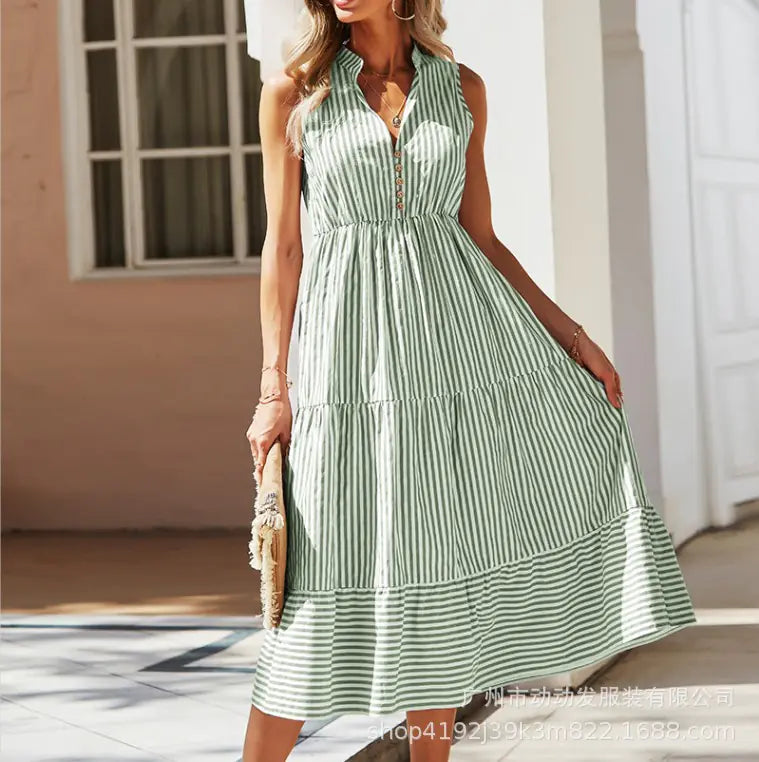 Summer Striped V-Neck Sleeveless Dress for Women