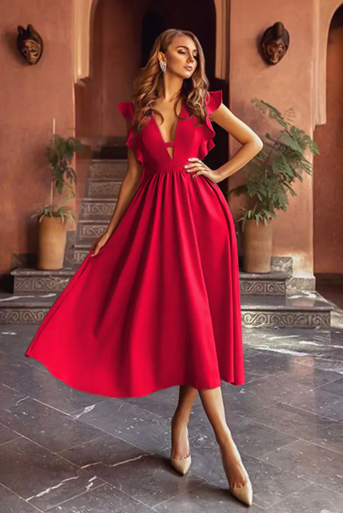 Summer Elegant Sleeveless V-Neck Red Dress for Women