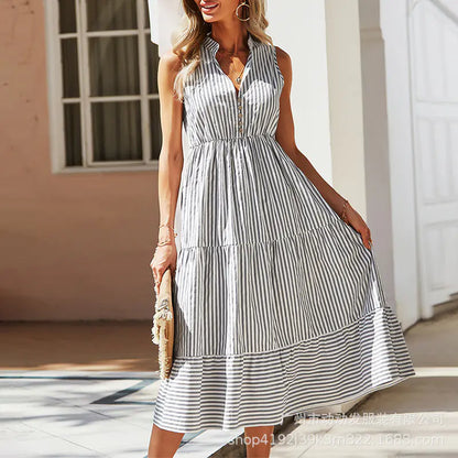 Summer Striped V-Neck Sleeveless Dress for Women