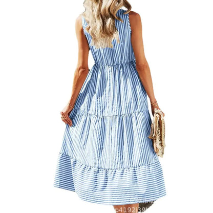 Summer Striped V-Neck Sleeveless Dress for Women