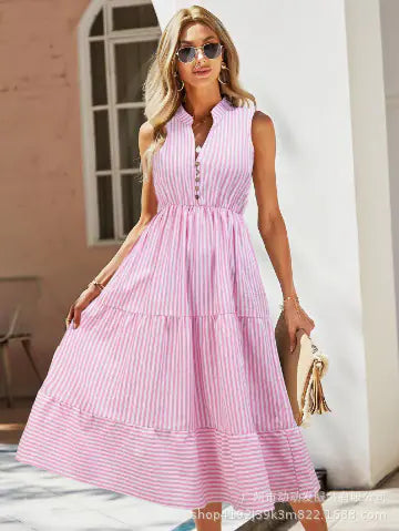 Summer Striped V-Neck Sleeveless Dress for Women