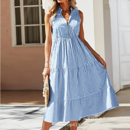 Summer Striped V-Neck Sleeveless Dress for Women