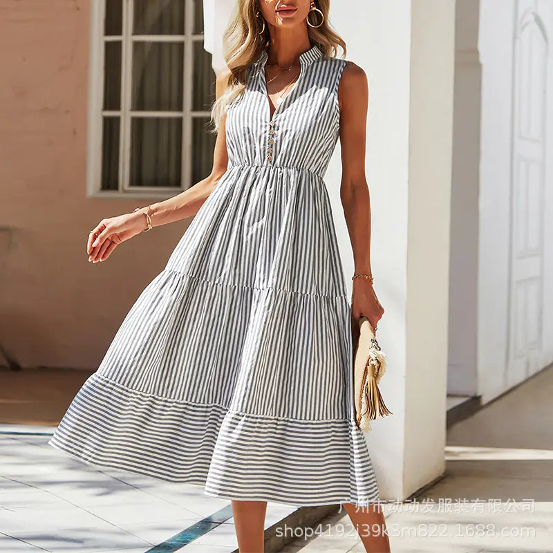 Summer Striped V-Neck Sleeveless Dress for Women