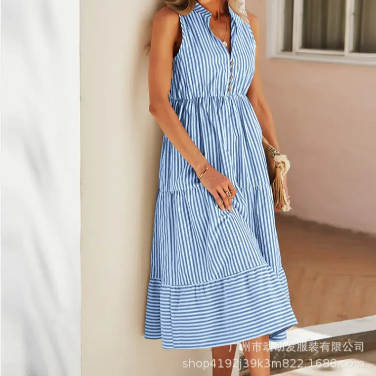 Summer Striped V-Neck Sleeveless Dress for Women