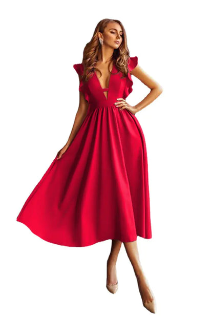 Summer Elegant Sleeveless V-Neck Red Dress for Women